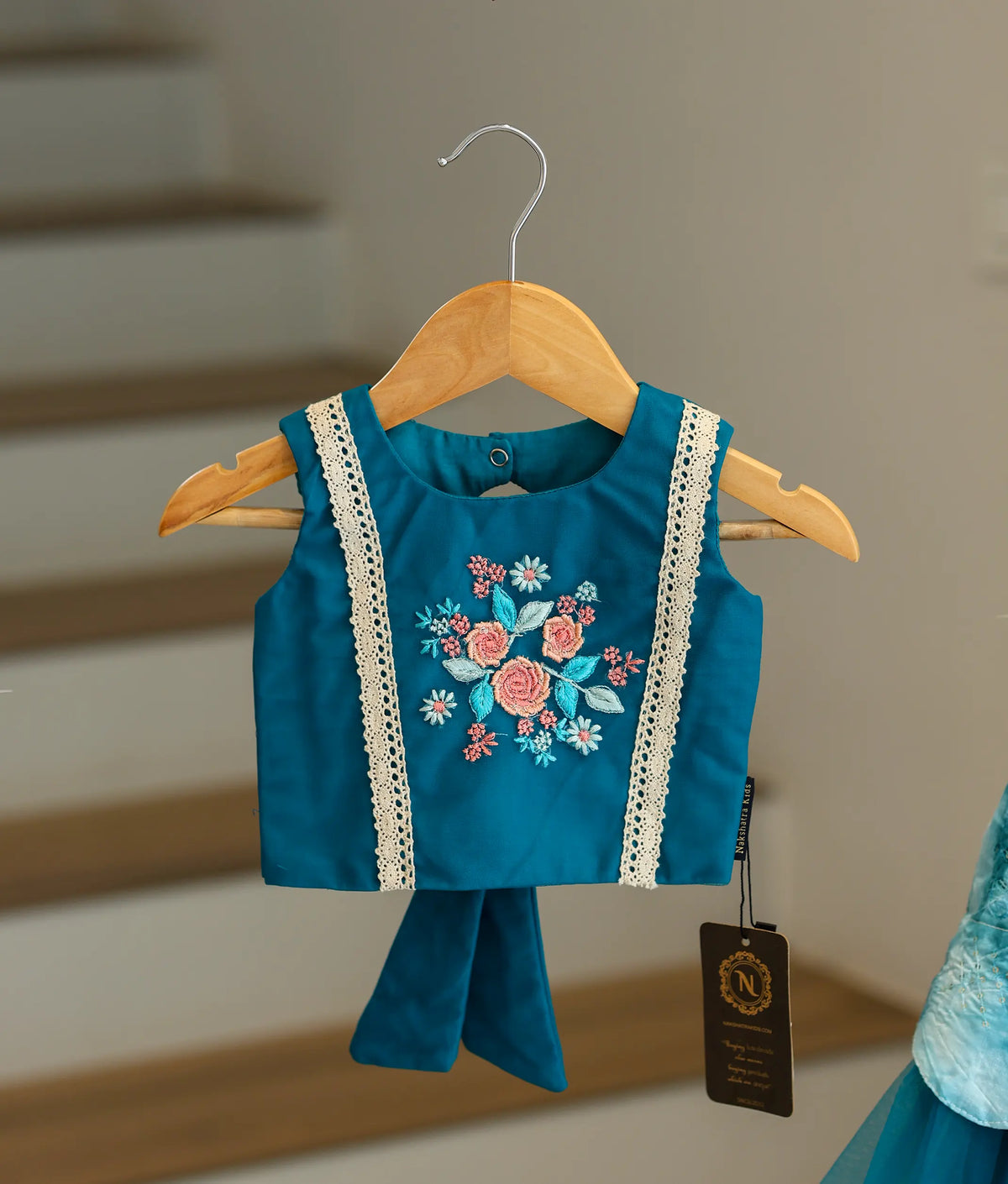 Peacock Blue Embroidery Crop Top With Full Length Organza Skirt For Pongal [7700]
