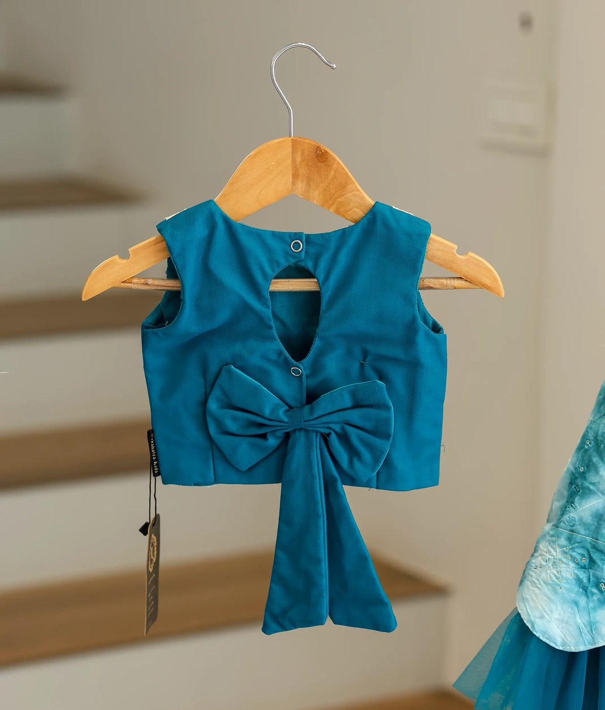 Peacock Blue Embroidery Crop Top With Full Length Organza Skirt For Pongal [7700]