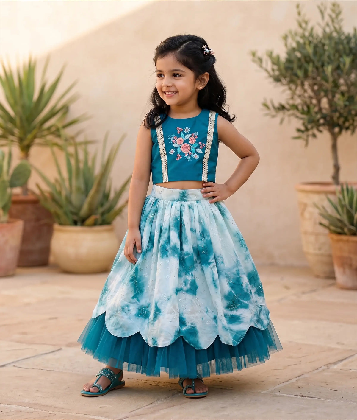Peacock Blue Embroidery Crop Top With Full Length Organza Skirt For Pongal [7700]