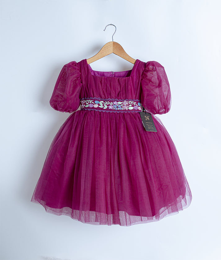 Grape Wine Embroidery Central Sash Casual Frock For Baby Girl [7716A]