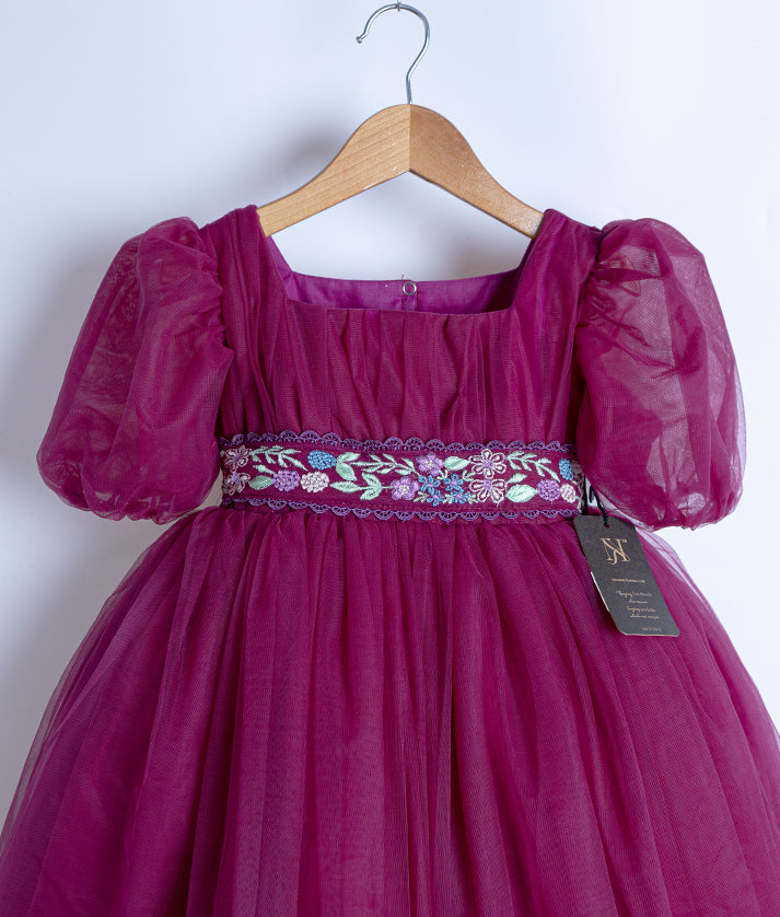 Grape Wine Embroidery Central Sash Casual Frock For Baby Girl [7716A]