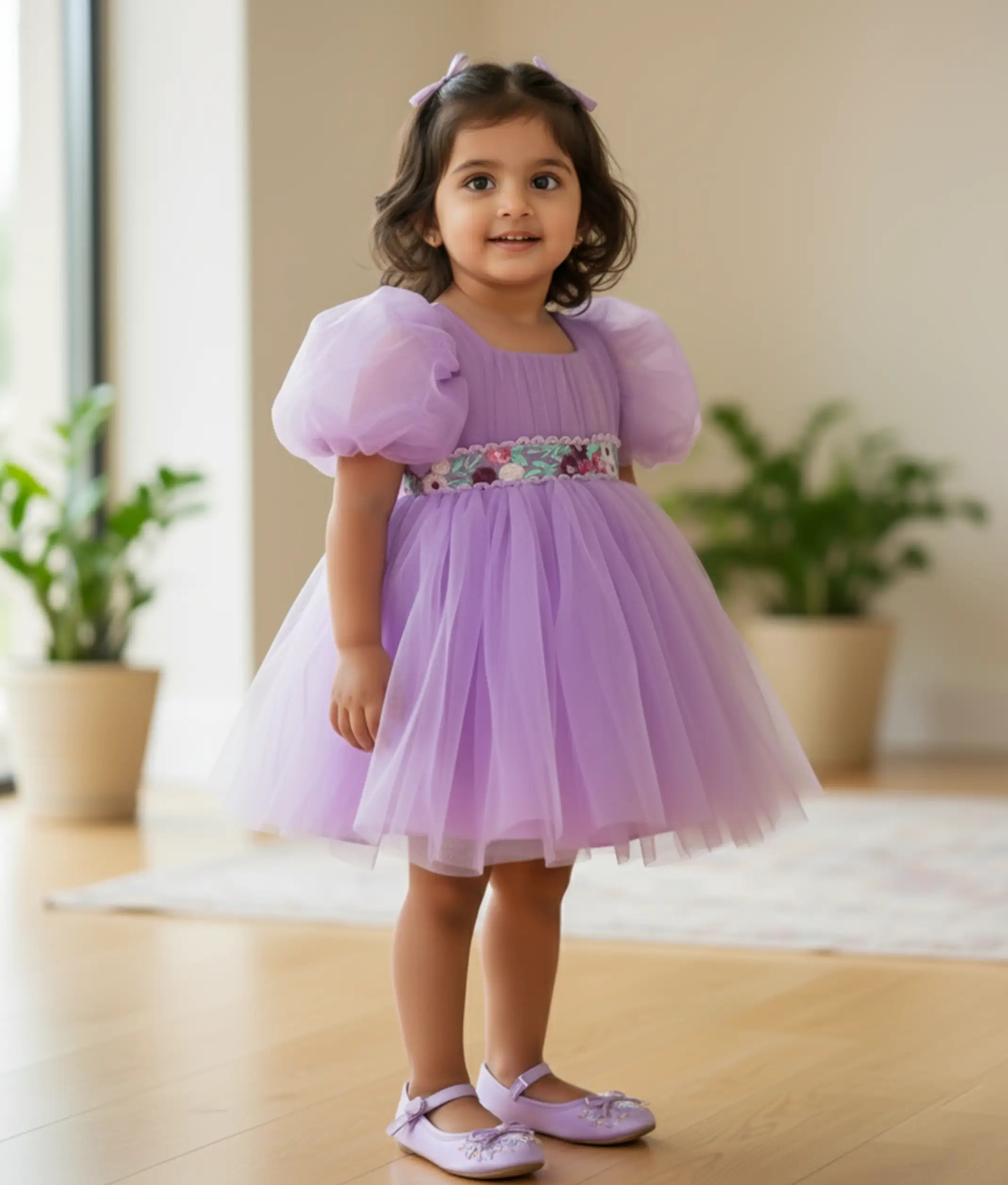 Lavender Tulle Net Embroidered Birthday Frock For Baby Girl [7722]