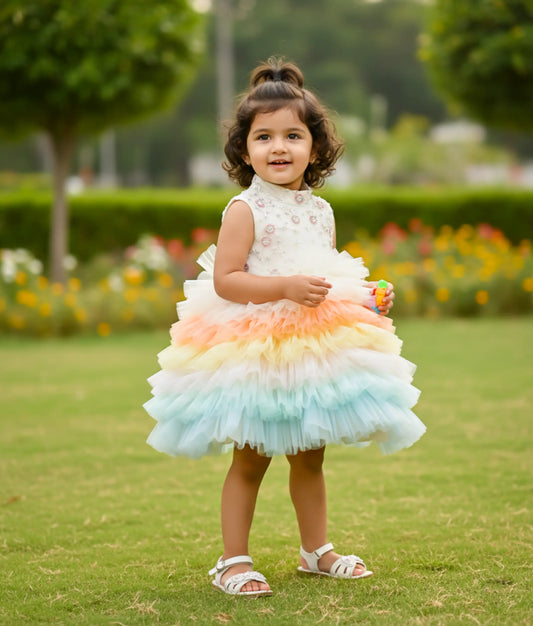 Offwhite Handworked Yoke With Multicolor Skirt Birthday Frock For Baby Girl [Ready to ship:7725]