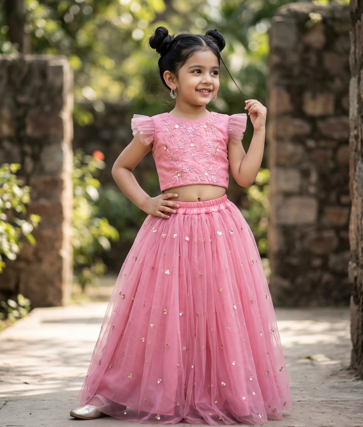 Pink Tulle Net handworked Crop Top With Full Length Skirt For baby Girl [7732]