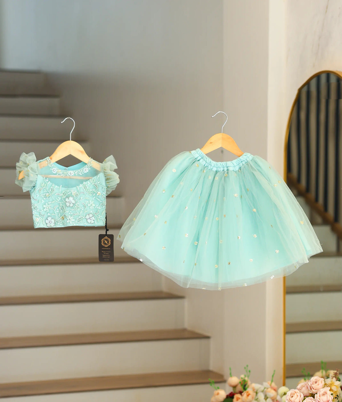 Pastel Blue  Handwork Crop Top with Full Length Skirt For Your little One [7817]