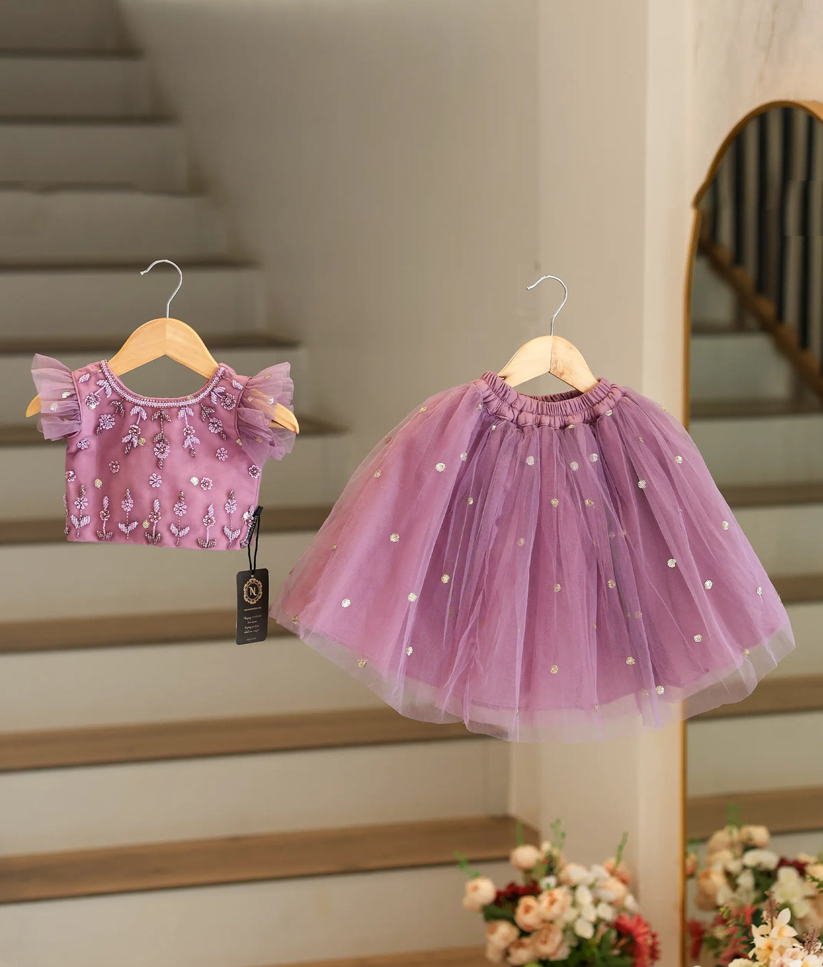 Pastel lavender Handworked Crop Top with Full Length Skirt For Baby Girl [7819]