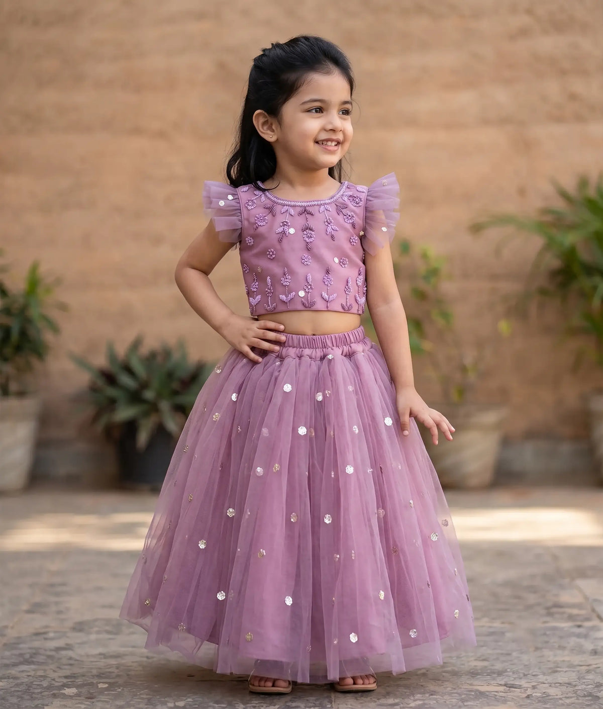 Pastel lavender Handworked Crop Top with Full Length Skirt For Baby Girl [7819]