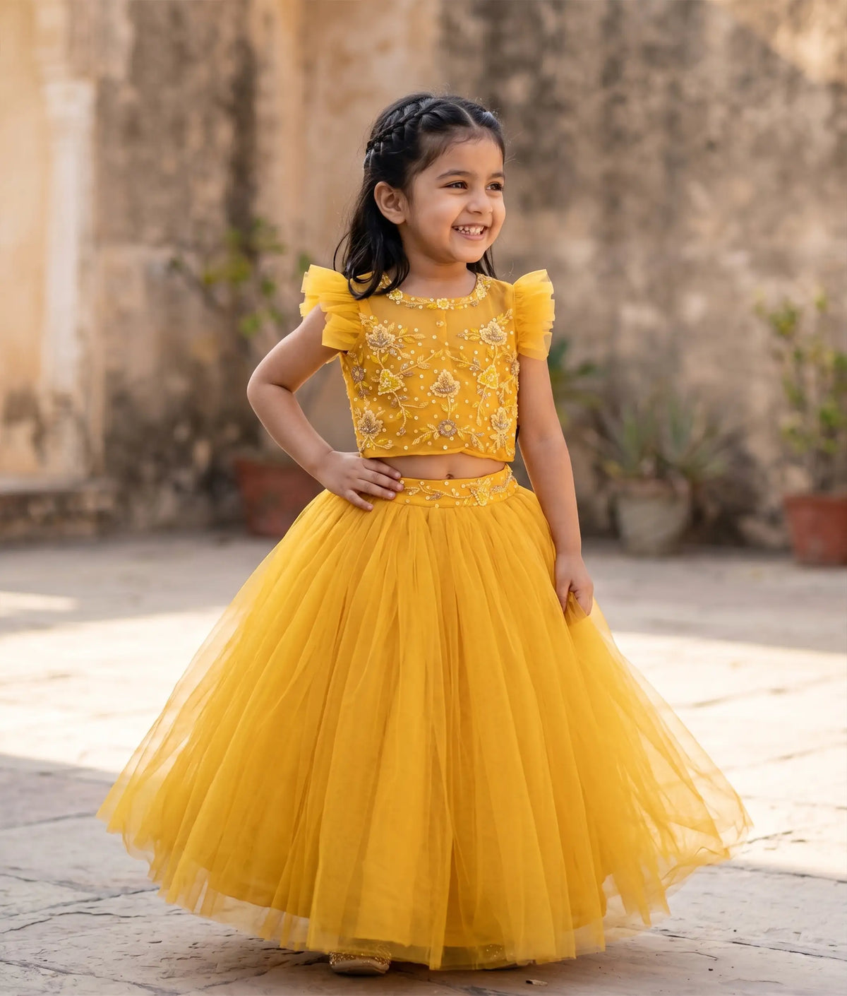 Yellow Tulle Net Handworked Crop Top With Full Length Skirt For Baby Girl [7859]