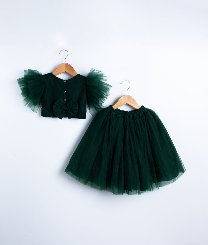 Bottle Green Tulle Net Handworked Crop Top With Full Length Skirt For Baby Girl [7867]