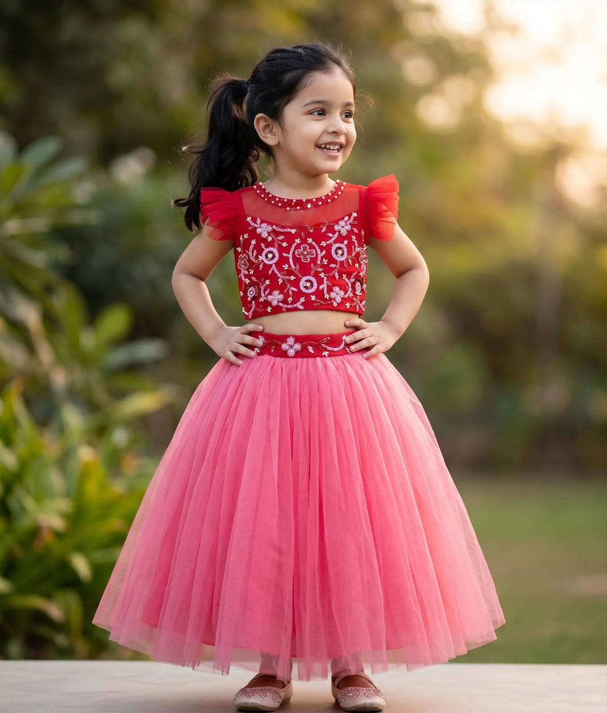Red  Handwork Crop Top With Pink Full Length Skirt For Baby Girl [7901]