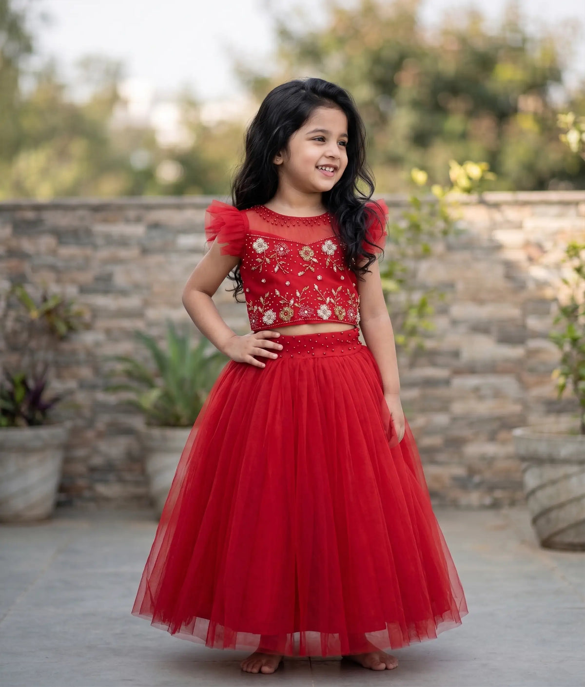 Red Tulle Net Handworked Crop Top With Skirt For Baby Girl [7911A]
