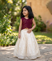 Wine Embroidered Top with Off-White Kasavu Skirt for Baby Girls - 7959