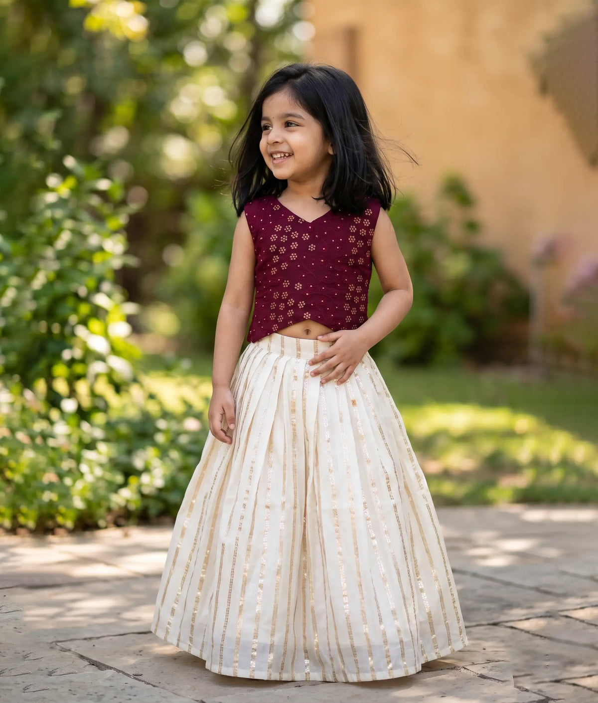 Wine Embroidered Top with Off-White Kasavu Skirt for Baby Girls - 7959