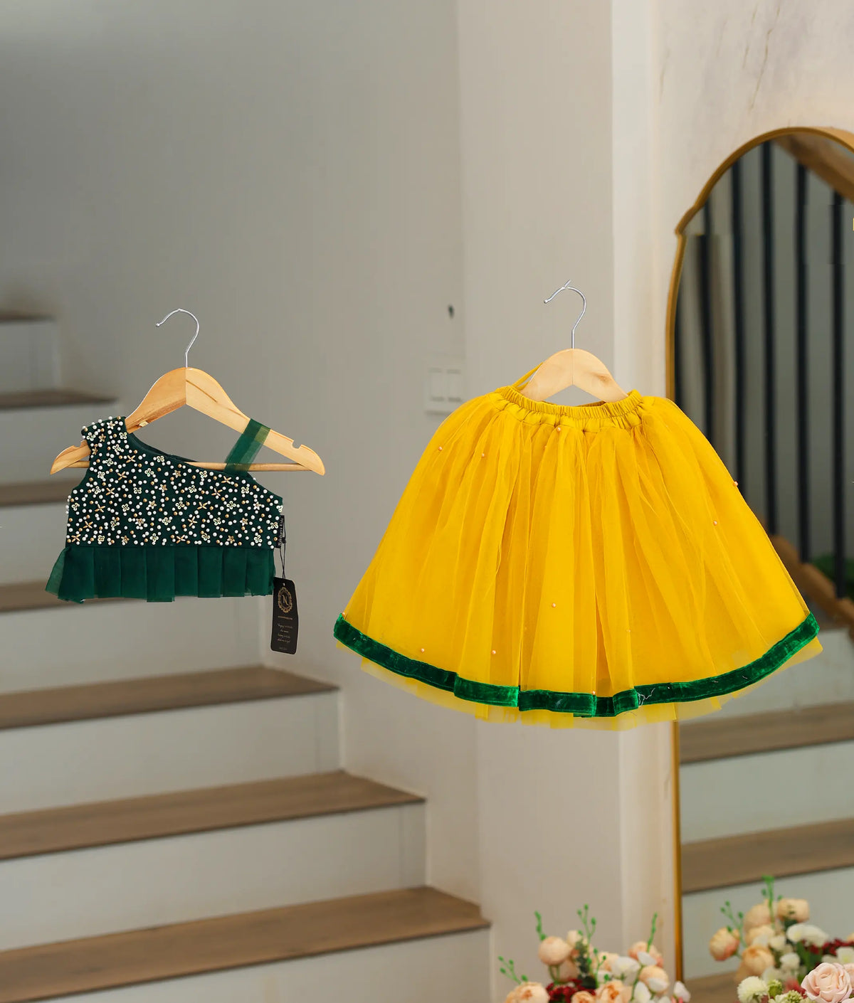 Bottle Green Tulle Net Handworked Top WIth Yellow Full Length Skirt [863]