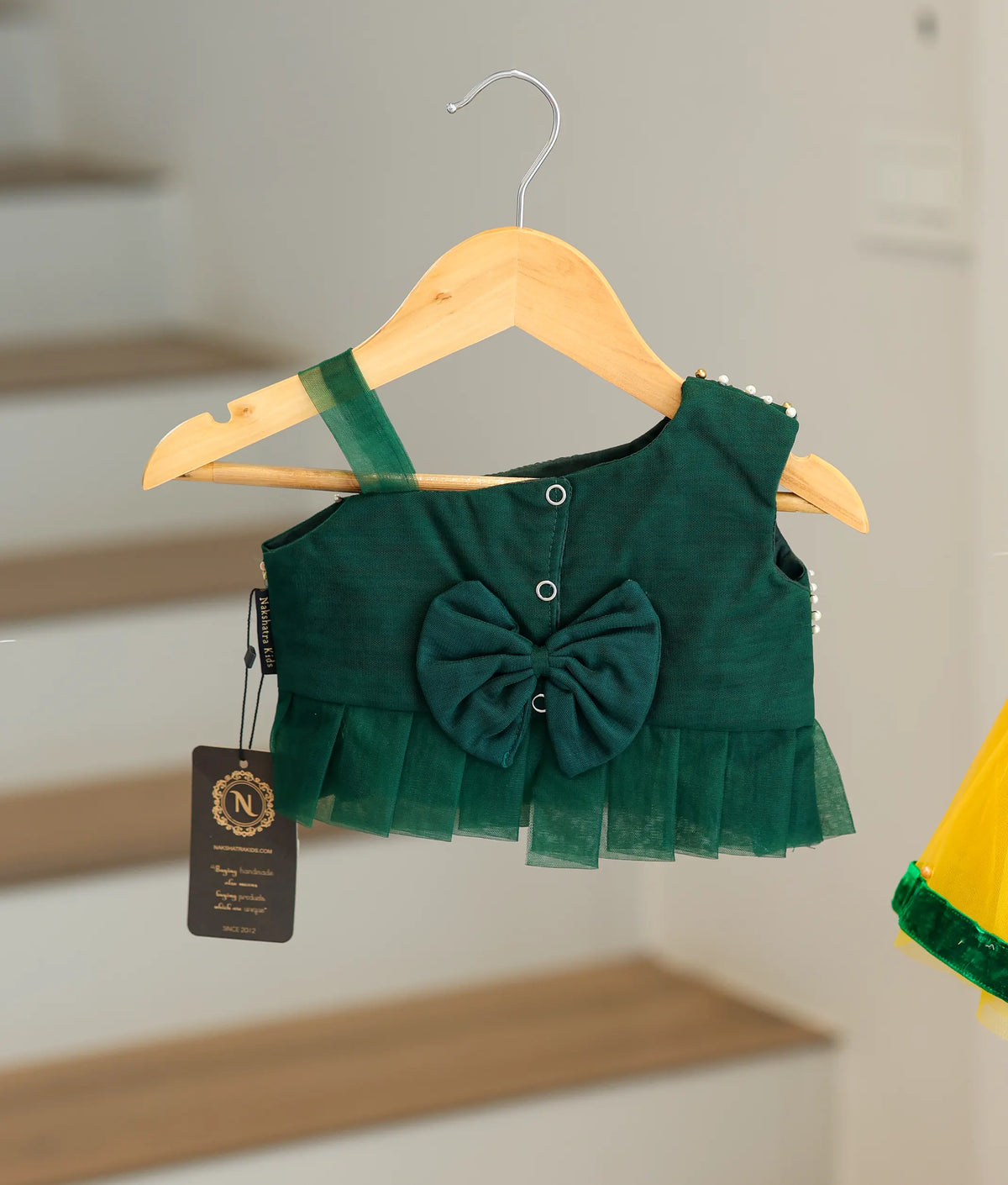 Bottle Green Tulle Net Handworked Top WIth Yellow Full Length Skirt [863]