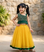 Bottle Green Tulle Net Handworked Top WIth Yellow Full Length Skirt [863]