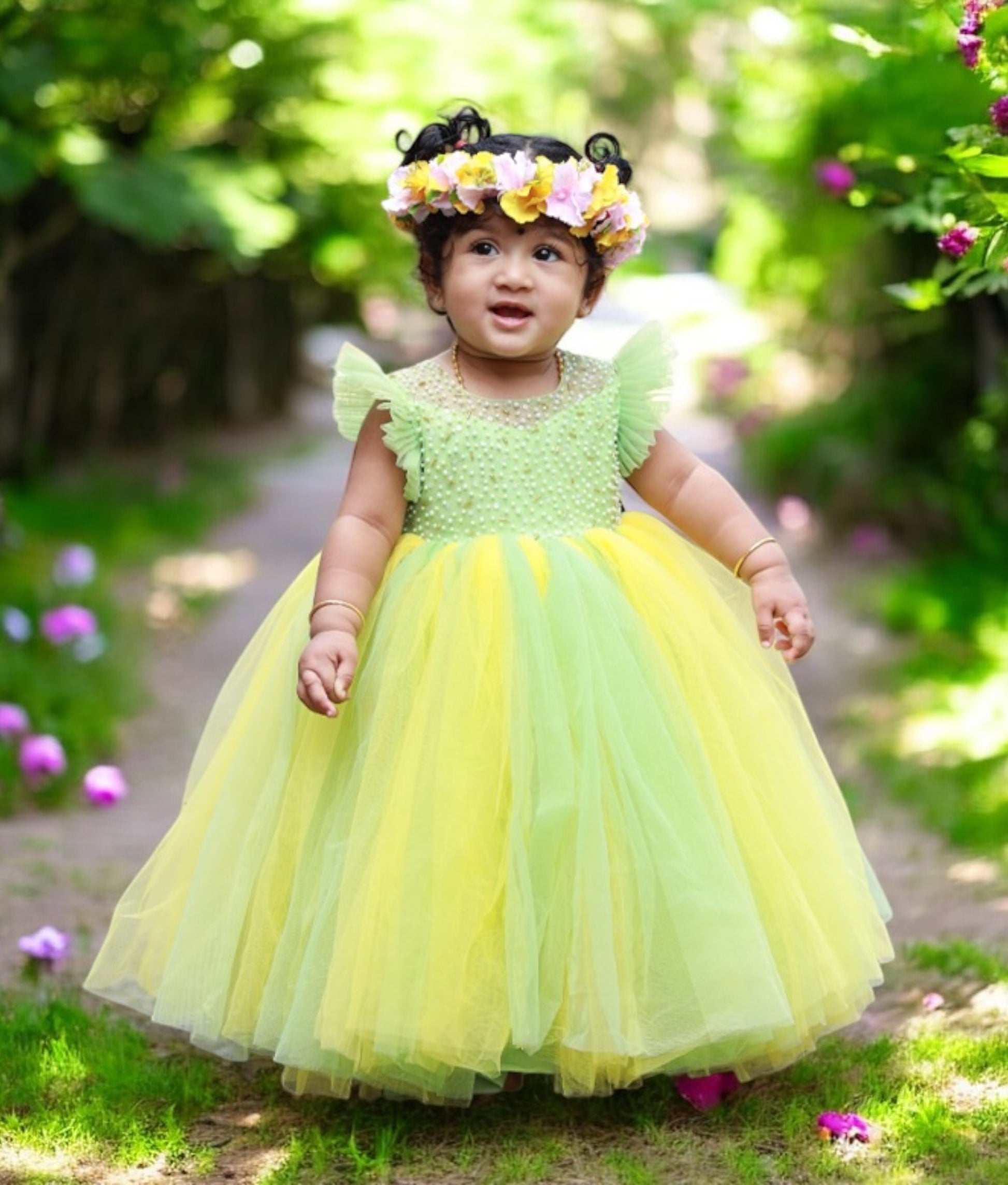 Green and Yellow Party Dress for Baby Girl Nakshatra Kids