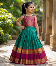 Maroon And Green Kanchipuram Silk Skirt and Top for Baby Girl [6275]