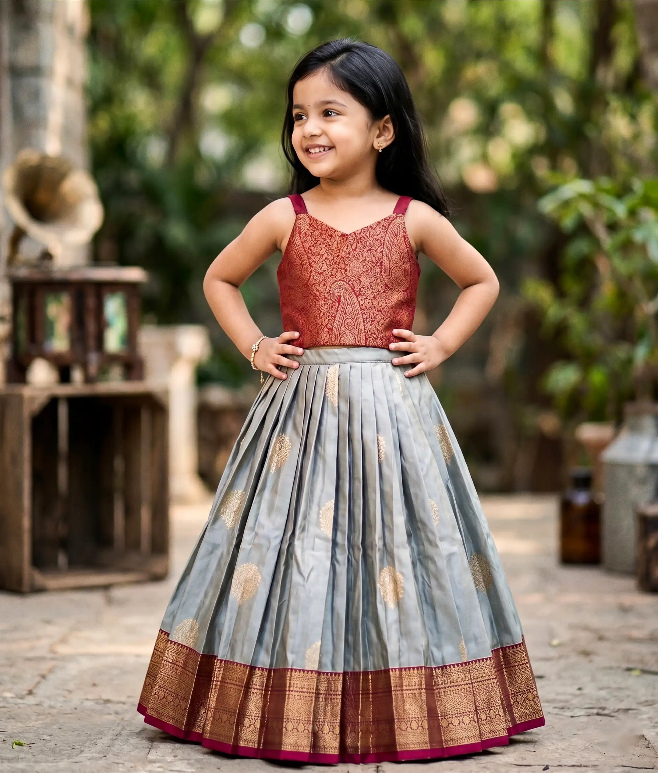 Maroon and Ash Kanchipuram Silk Skirt and Top for Baby Girl [6298]