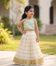 Sage Green Turkish Organza Top With Kasavu Skirt for Baby Girl [6375]