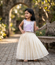 Lavender Turkish Organza Top With Kasavu Skirt for Baby Girl [6376]