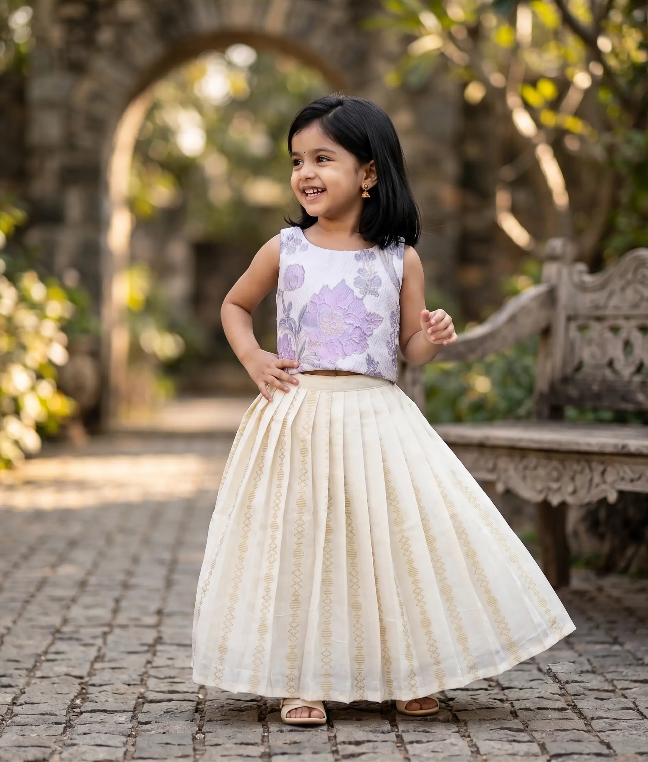 Lavender Turkish Organza Top With Kasavu Skirt for Baby Girl [6376]