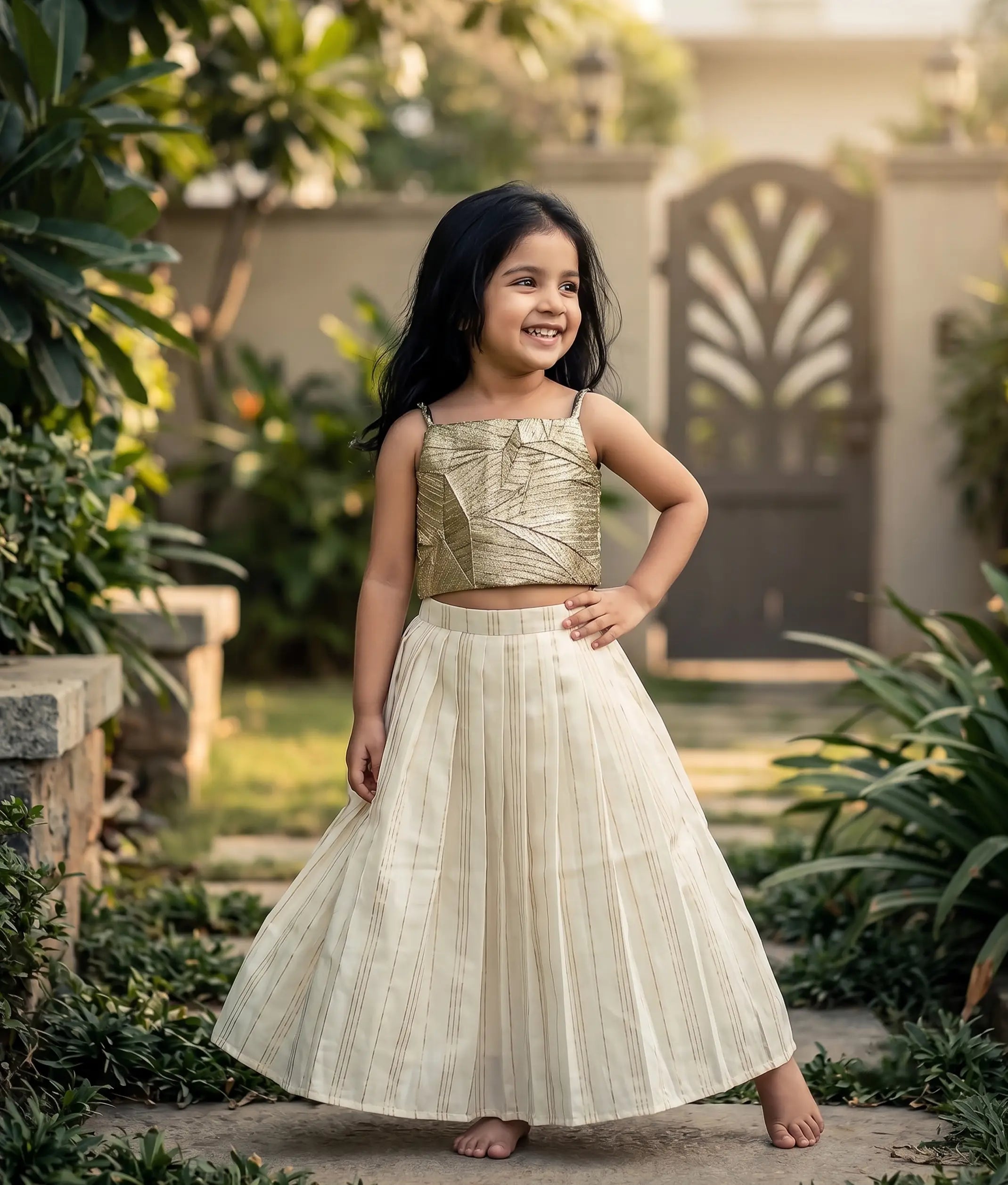 Gold Turkish Organza Top With Kasavu Skirt for Baby Girl [6393]