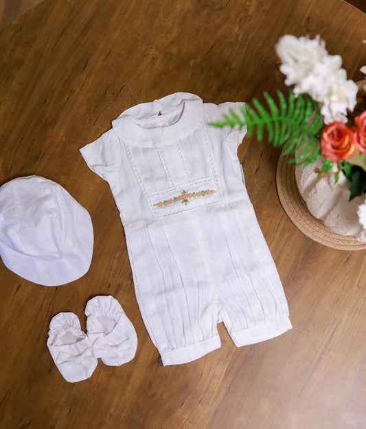 White Cotton Embroidery Romper Baptism Dress For Baby Boy [Ready To Ship: BB102]