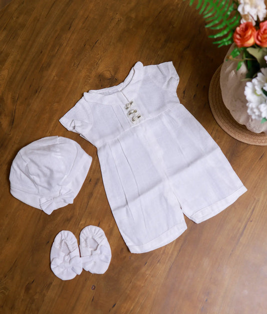 White Cotton Romper Baptism Dress For Baby Boy [Ready To Ship: BB105]
