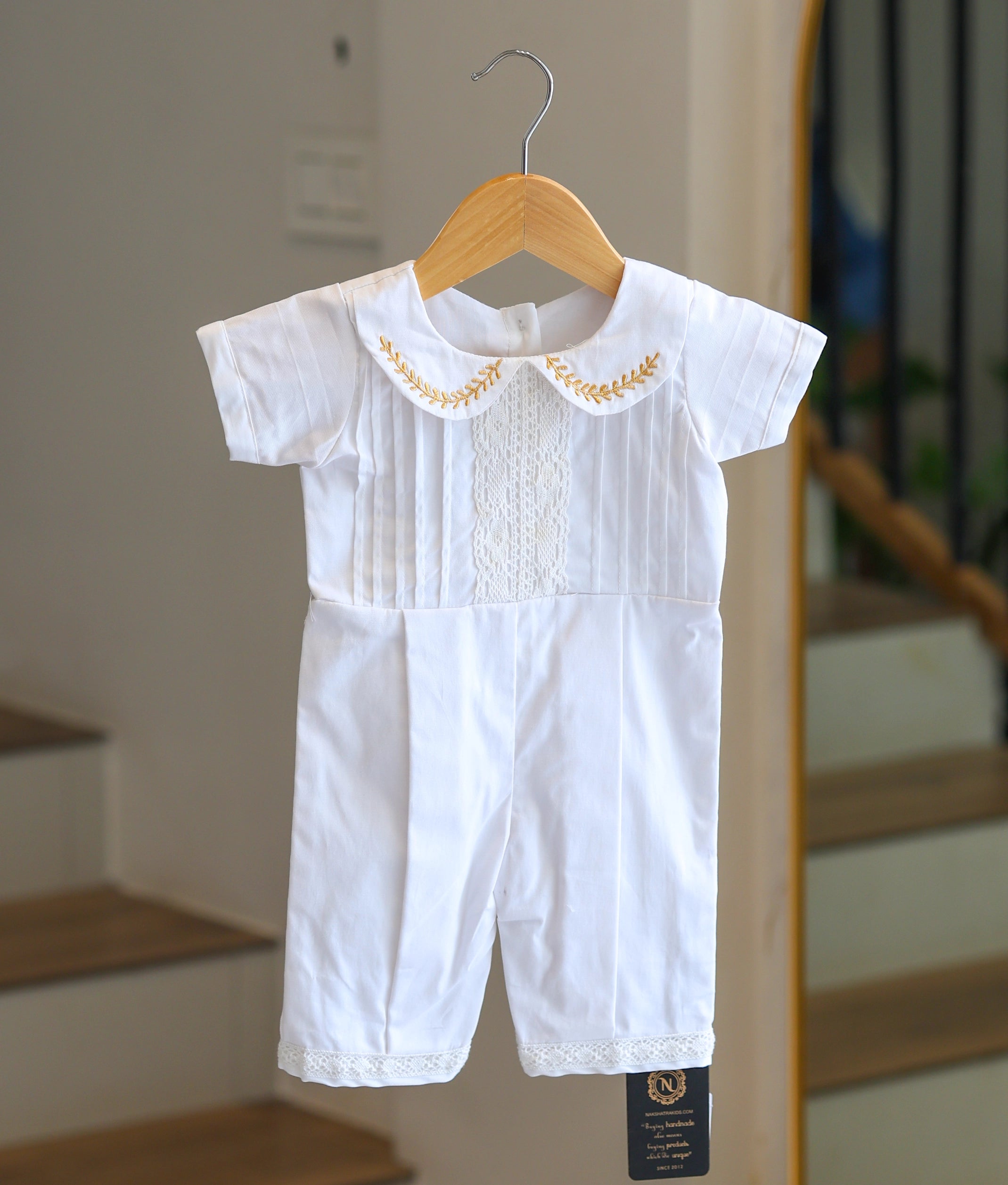 White Cotton Baptism Romper Set For Baby Boy [Ready To Ship: BB117]
