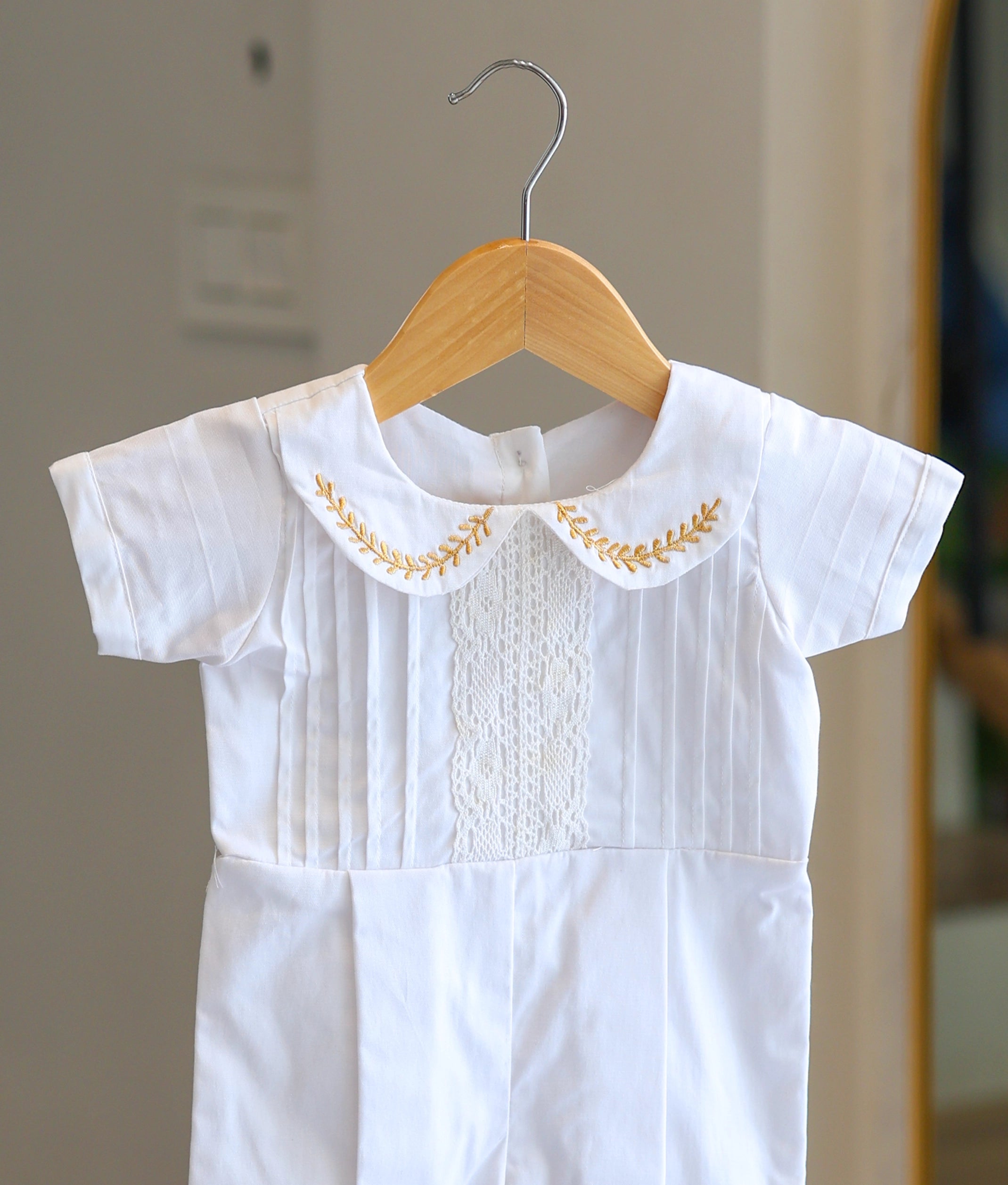 White Cotton Baptism Romper Set For Baby Boy [Ready To Ship: BB117]
