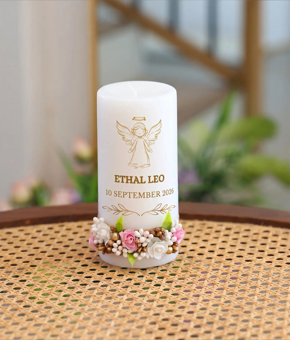 Pink & White Floral Decorative Handcrafted Baptism Candle [C105]