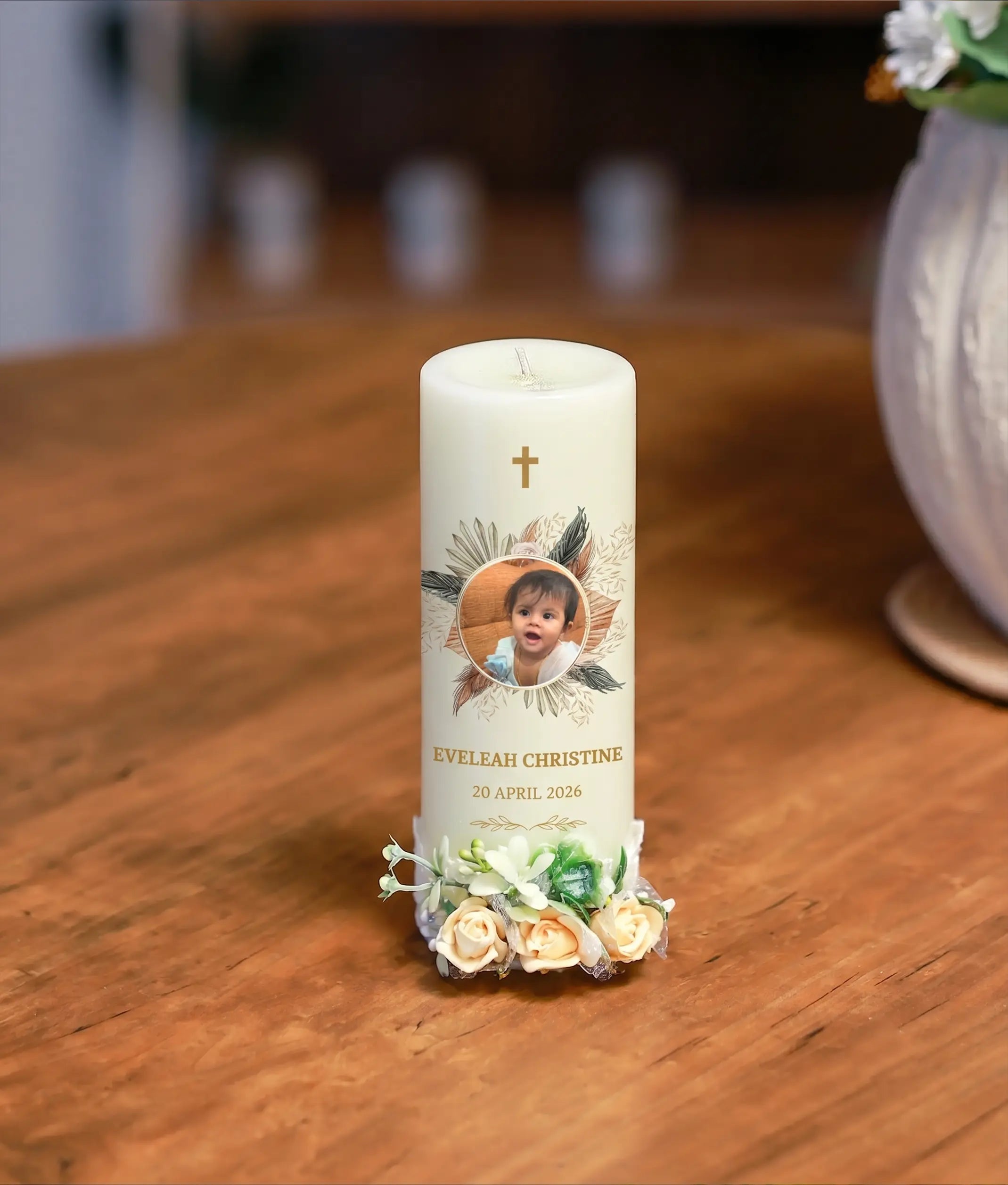 Peach Floral Decorative Baptism Candle [C83]
