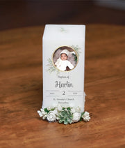 White and Green Floral Decorative Baptism Candle [C88]
