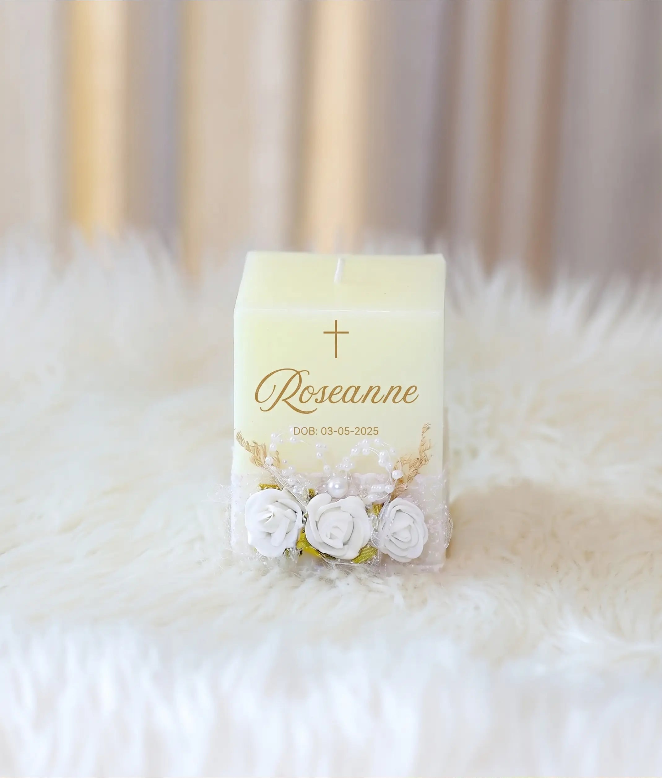Off-White Floral Decorative Handcrafted Baptism Candle [C99]