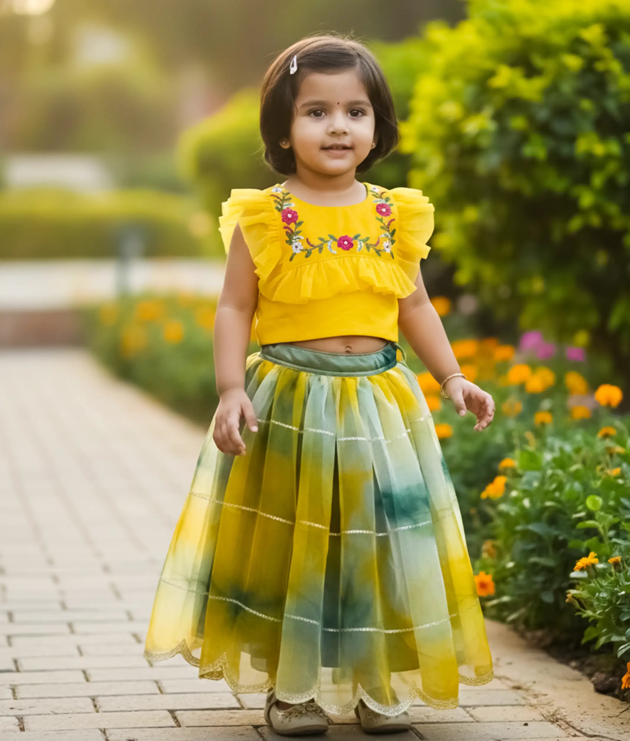 Yellow Floral Embroidery Crop Top With Skirt For Baby Girl [2039]