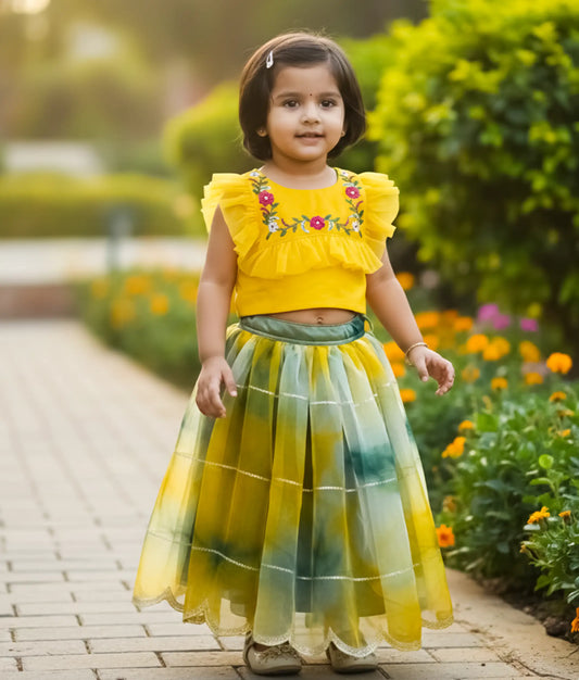 Yellow Floral Embroidery Crop Top With Skirt For Baby Girl [Ready To Ship: 2039]