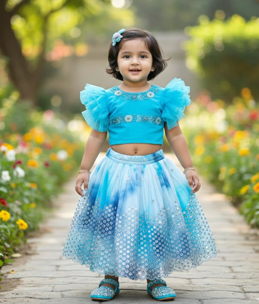 Ocean Blue Tulle Net Handworked Crop Top with Organza Full Length Skirt For Baby Girl [Ready To Ship: 2041]