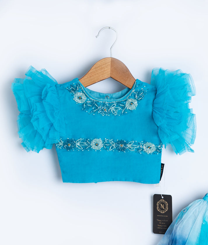 Ocean Blue Tulle Net Handworked Crop Top with Organza Full Length Skirt For Baby Girl [2041]