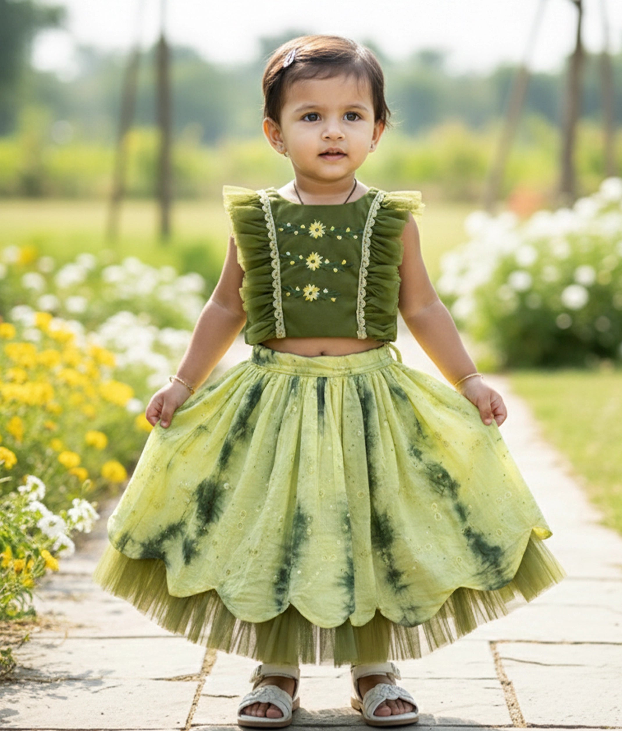 Olive Green Embroidery Top With Chanderi Full Length Skirt For Baby Girl [2048]