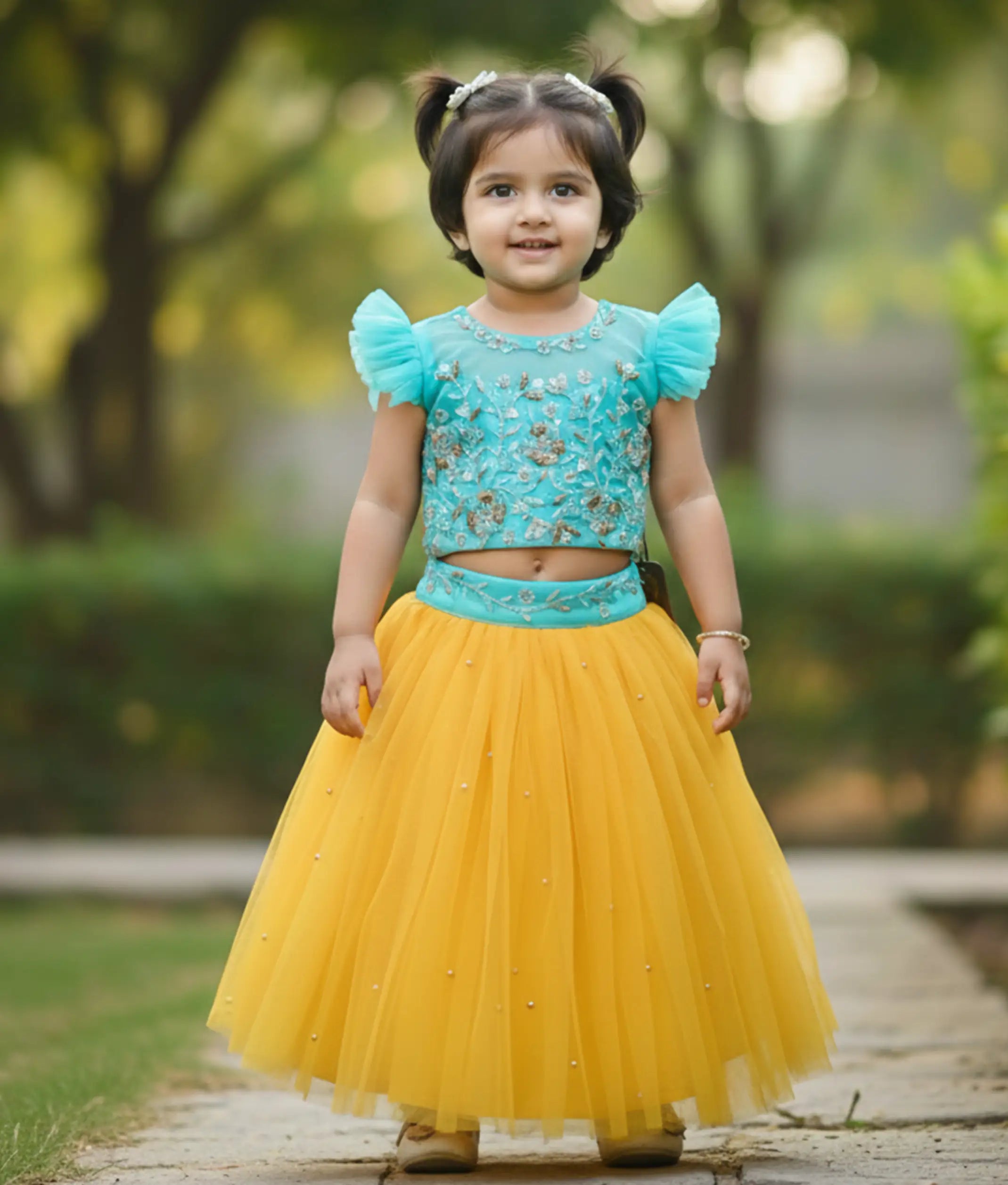 Blue Tulle Net Handworked Crop Top With Yellow Full Length Skirt For Baby Girl [2078]