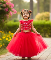 Hot Pink Tulle Net Handworked Crop Top With Skirt For Baby Girl [Ready To Ship: 2150A]