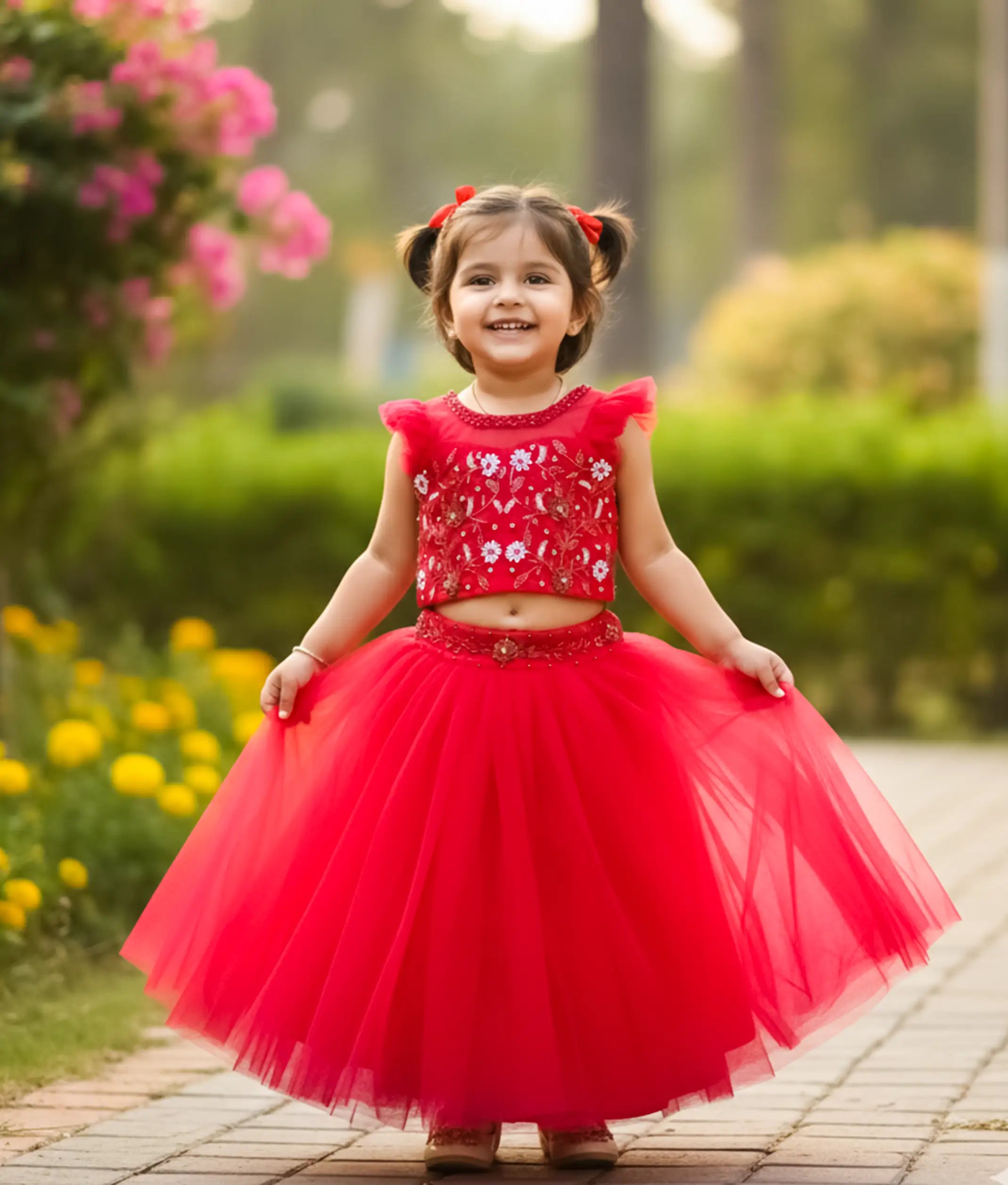 Hot Pink Tulle Net Handworked Crop Top With Skirt For Baby Girl [Ready To Ship: 2150A]