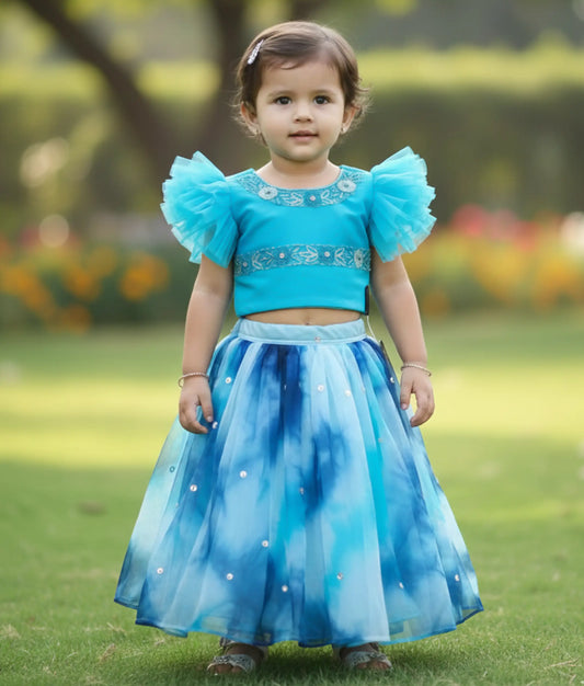 Blue Handworked Crop Top With Full Length Skirt For Baby Girl [Ready to ship :2205]