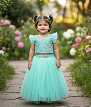 Ocean Green Handworked  Crop Top With Full Length Skirt For Baby Girl [Ready To Ship: 2239]