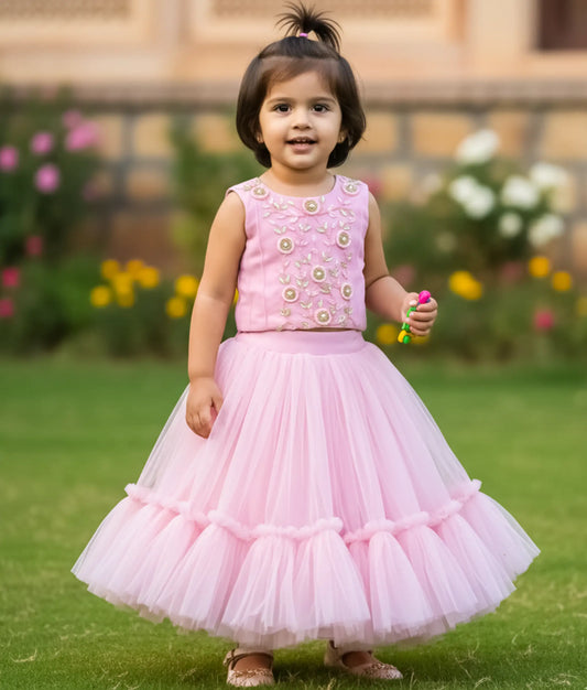 Pastel Pink Crop Top With Skirt For Baby Girl [Ready To Ship: 2249]