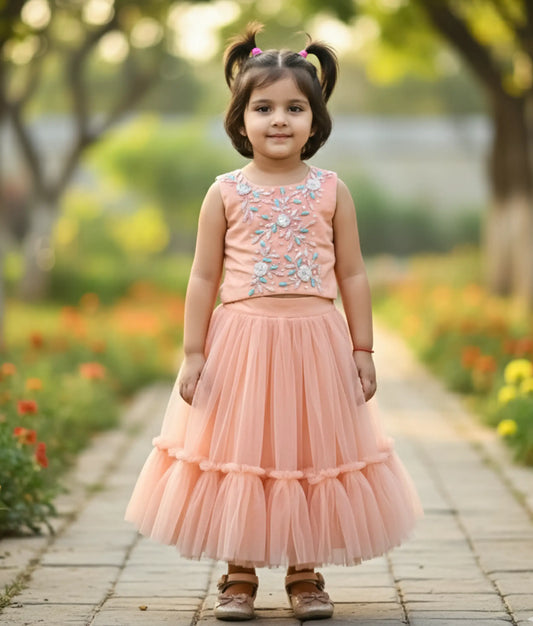 Peach Handworked Crop Top with Full Length Skirt For Baby Girl [Ready to Ship: 2251]