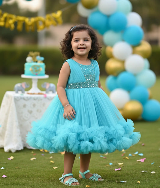 Blue Tulle Net Handworked Birthday Frock For Baby Girl [Ready to ship :2309]