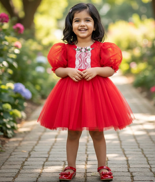 Red Tulle Net Embroidery Casual Frock For Baby Girl [Ready To Ship: 2312]