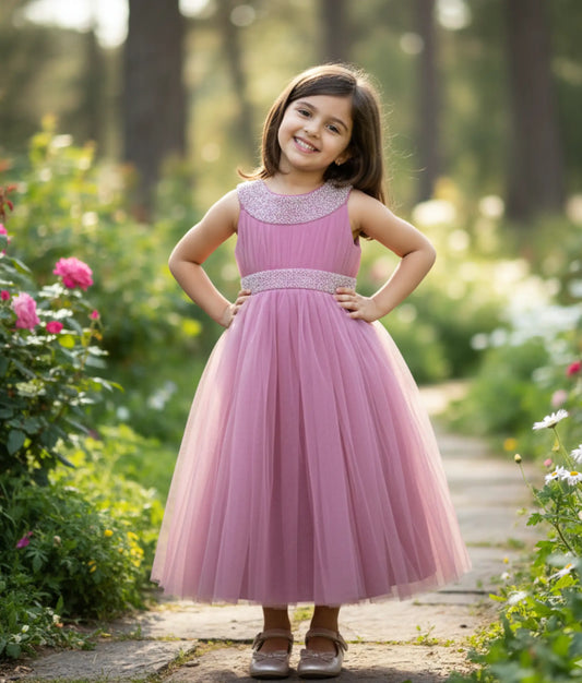 Onion Pink Tulle Net Handworked Gown For Baby Girl [Ready To Ship: 2316]